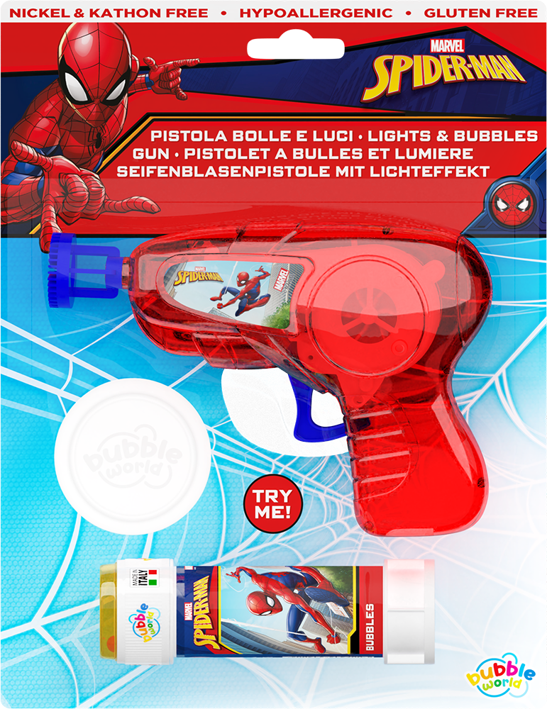 Spider-Man - Pistola bolle media luci e suoni Bubble World in blister