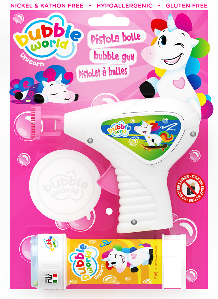 Unicorn - Pistola bolle piccola Bubble World in blister