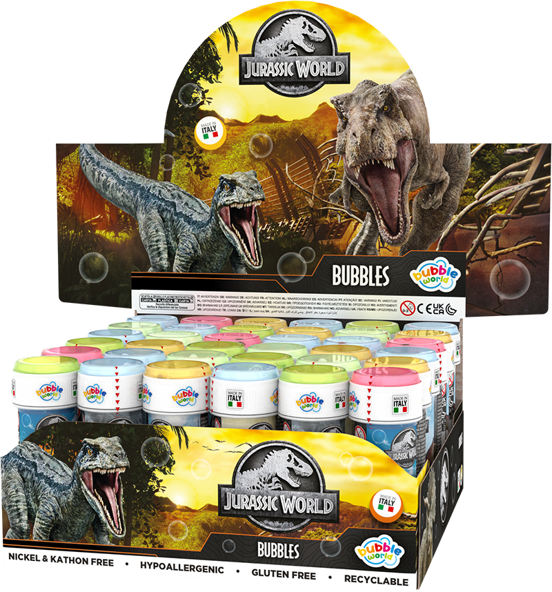 Jurassic World - Bolle di sapone Bubble World - Confezione da 36 pz